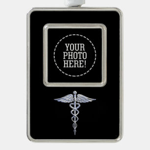 Silver Caduceus Medical Symbool op zwart Verzilverd Kader Ornament