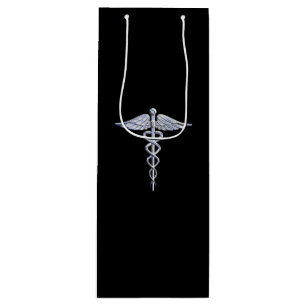 Silver Caduceus Medical Symbool op zwart Wijn Cadeautas