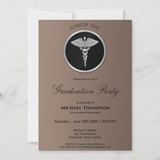 Silver Caduceus Médicale Graduation Invitation (Devant)