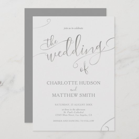 Silver Calligraphy | Grijze uitnodiging tot wedden (Voorkant / Achterkant)