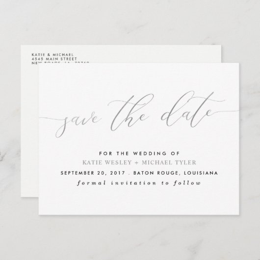 Silver Calligraphy Modern Save the Date Aankondigingskaart (Voorkant / Achterkant)