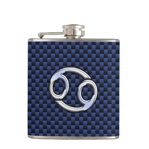 Silver Cancer Sign on Navy Blue Carbon Fiber Print Heupfles