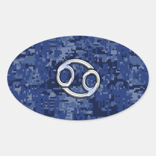 Silver Cancer Zodiac Sign Navy Blue Digital Camo Ovale Sticker