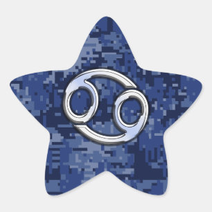 Silver Cancer Zodiac Sign Navy Blue Digital Camo Ster Sticker