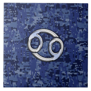 Silver Cancer Zodiac Sign Navy Blue Digital Camo Tegeltje