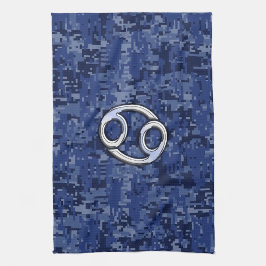 Silver Cancer Zodiac Sign Navy Blue Digital Camo Theedoek (Verticaal)