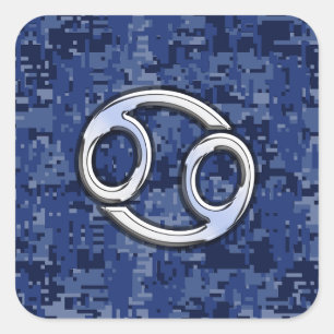 Silver Cancer Zodiac Sign Navy Blue Digital Camo Vierkante Sticker