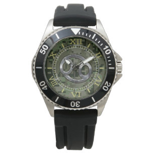 Silver Cancer Zodiac Sign on Green Camo Dial Horloge