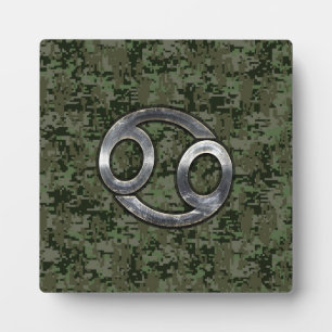 Silver Cancer Zodiac Sign on Green Digital Camo Fotoplaat