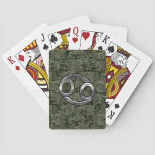 Silver Cancer Zodiac Sign on Green Digital Camo Pokerkaarten