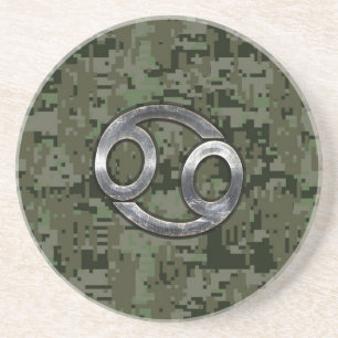 Silver Cancer Zodiac Sign on Green Digital Camo Zandsteen Onderzetter