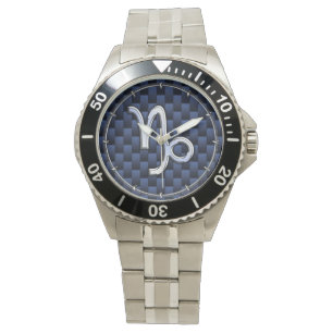 Silver Capricorn Zodiac Sign Blue Carbon Style Horloge