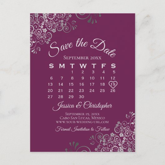 Silver & Cassis Wedding Save the Date Calendar Aankondigingskaart (Voorkant)