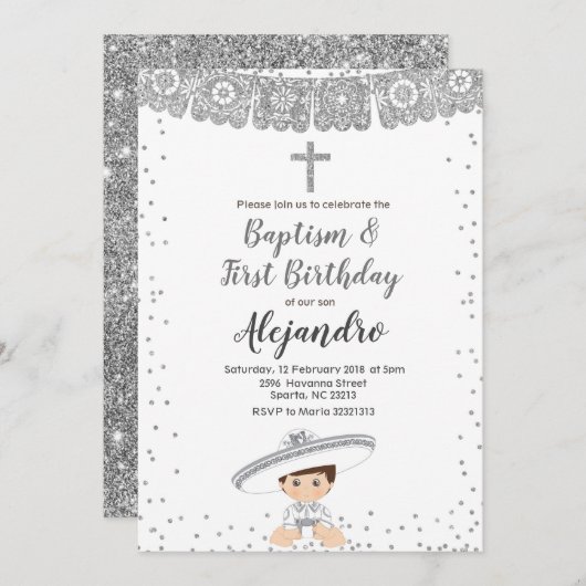 Silver Charro Boy baptême et invitation d'annivers (Devant / Derrière)