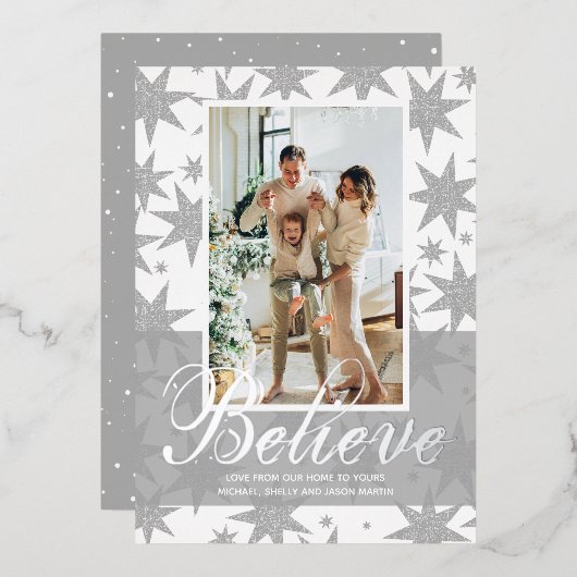 Silver Christmas Photo Believe Foil Carte de vacan (Recto/Verso)