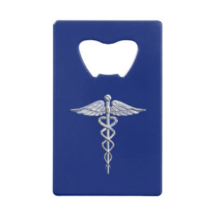Silver Chrome Caduceus Medical Symbool op Navy Blu Kredietkaart Flessenopener