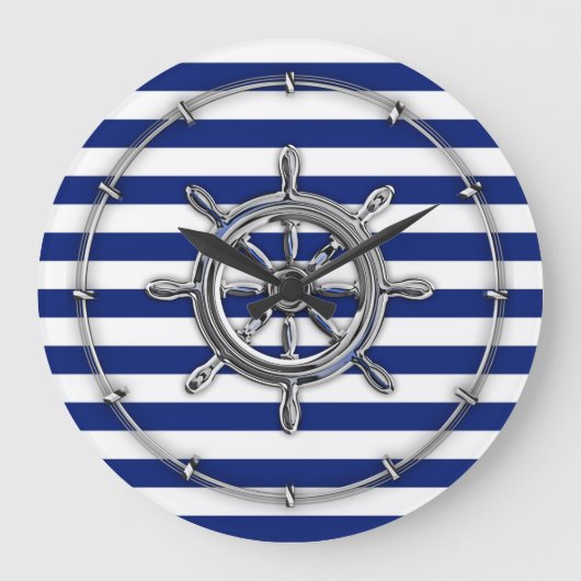 Silver Chrome Wheel op Nautical Stripes Grote Klok (Voorkant)