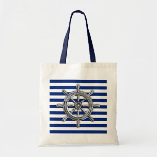 Silver Chrome Wheel op Nautical Stripes Tote Bag