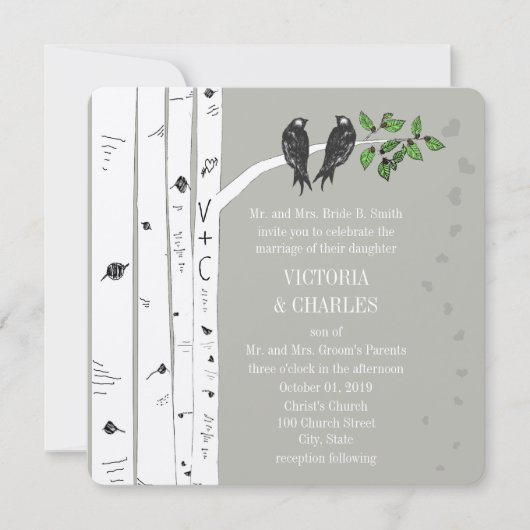 Silver Cloud Birch  Birds Wedding Invite Kaart (Voorkant)
