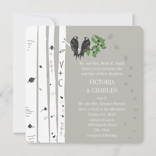 Silver Cloud Birch Birds Wedding Invite Kaart (Voorkant)