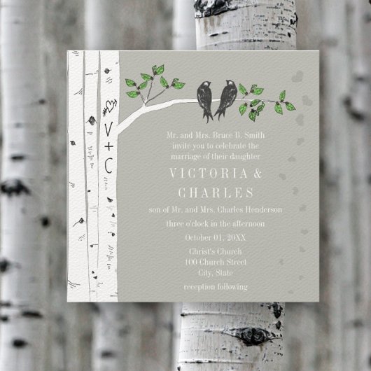 Silver Cloud Birch Birds Wedding Invite Kaart