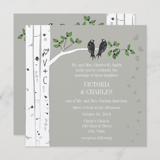 Silver Cloud Birch  Birds Wedding Invite Kaart (Voorkant / Achterkant)