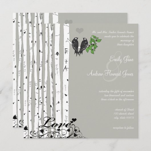 Silver Cloud Birch  Birds Wedding Kaart (Voorkant / Achterkant)