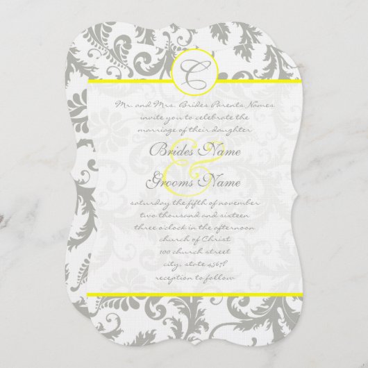 Silver Cloud Gray Damask Yellow Weduwuitnodiging Kaart (Voorkant / Achterkant)