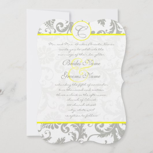 Silver Cloud Gray Damask Yellow Weduwuitnodiging Kaart (Voorkant)