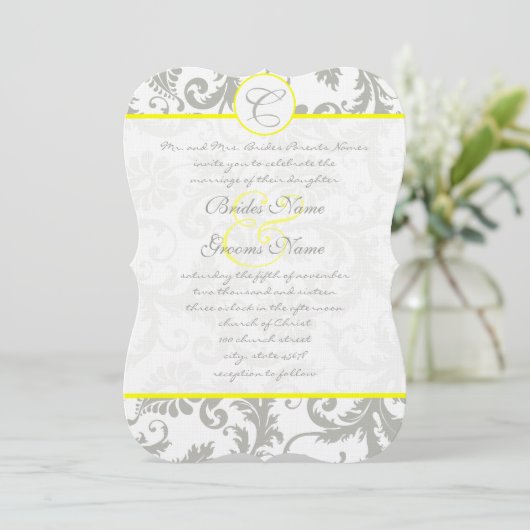 Silver Cloud Gray Damask Yellow Weduwuitnodiging Kaart (Staand voorkant)