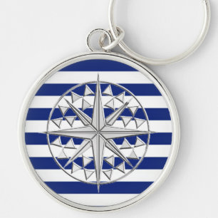 Silver Compass op Nautical Stripes Sleutelhanger