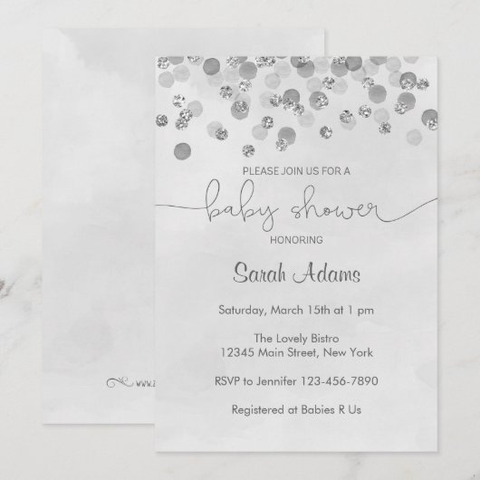 Silver Confetti Baby shower Invitation Kaart (Voorkant / Achterkant)