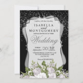 Silver Confetti, Black and White Floral Wedding Kaart (Voorkant)