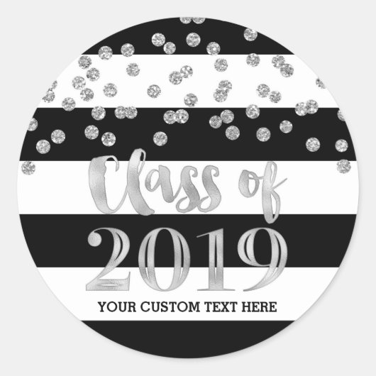 Silver Confetti Black Stripes 2019 Afstuderen Ronde Sticker (Voorkant)