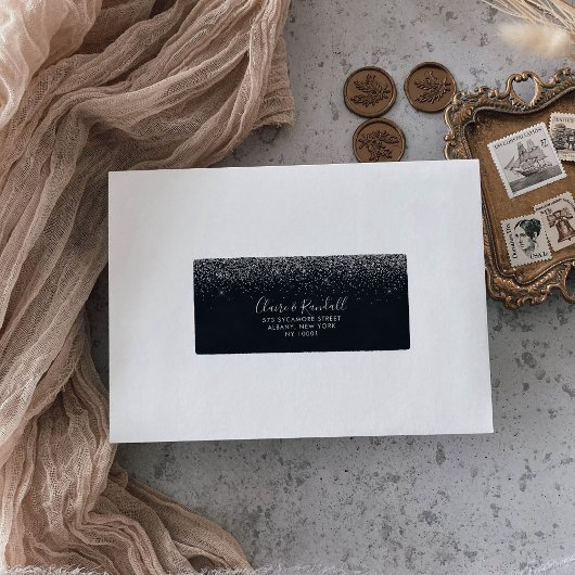 Silver Confetti Calligraphy RSVP Address Etiket