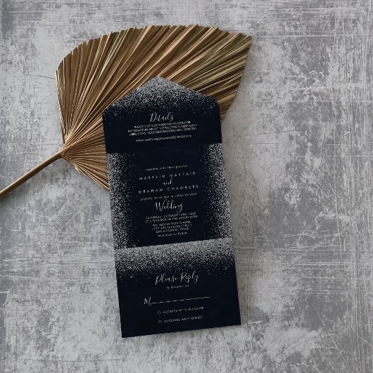 Silver Confetti Calligraphy Wedding All In One Uitnodiging