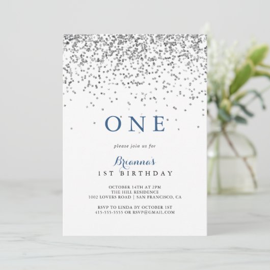 Silver Confetti minimalist First Birthday Party Kaart (Staand voorkant)