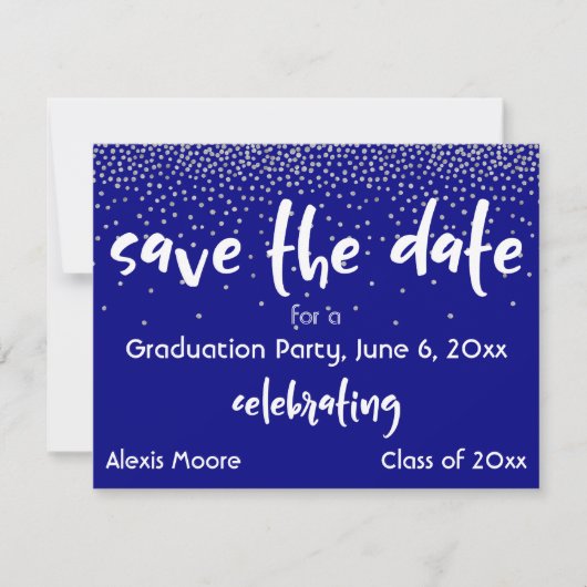 Silver Confetti Navy Afstudeerfeest Opslagdatum Aankondiging (Voorkant)