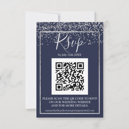 Silver confetti navy blue typografie qr code rsvp (Voorkant)