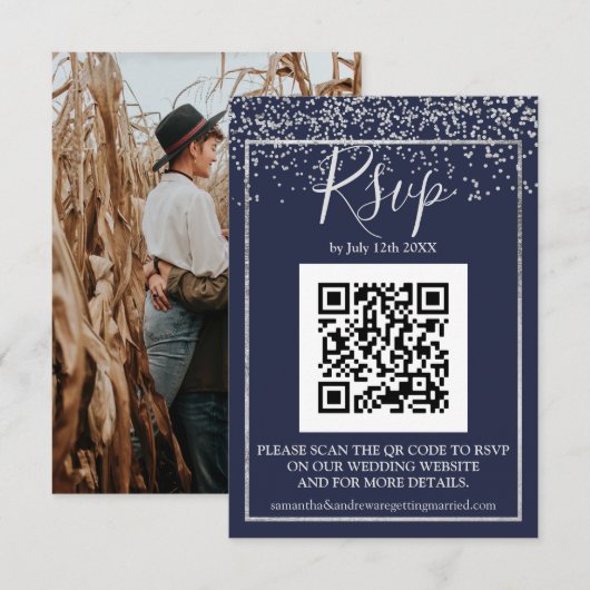 Silver confetti navy blue typografie qr code rsvp kaartje (Voorkant / Achterkant)
