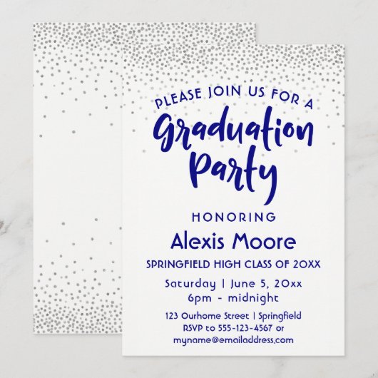 Silver Confetti & Navy Typografie Afstudeerder Par Kaart (Voorkant / Achterkant)
