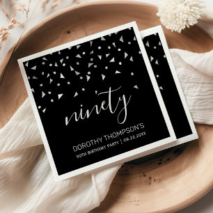 Silver Confetti op Black 90th Birthday Party Servet