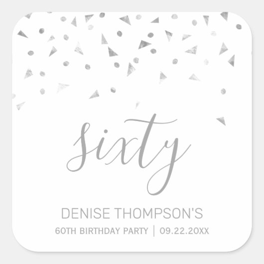 Silver Confetti op Witte 60ste verjaardag Vierkante Sticker (Voorkant)