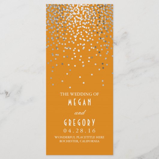 Silver Confetti Oranje Elegant Wedding Programma (Voorkant)