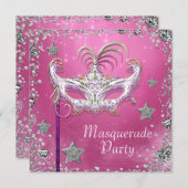 Silver Confetti Pink Black Masquerade Party Kaart (Voorkant / Achterkant)