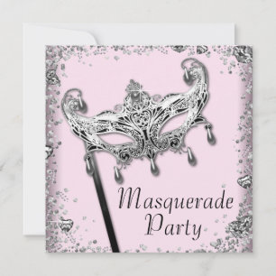 Silver Confetti Pink Black Masquerade Party Kaart