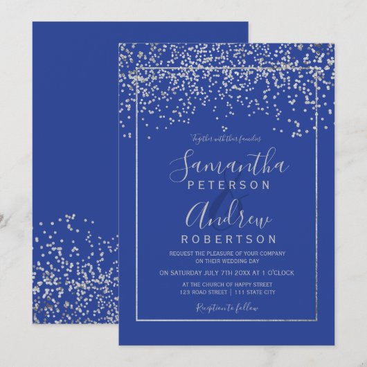 Silver confetti royal blue typografie bruiloft kaart (Voorkant / Achterkant)