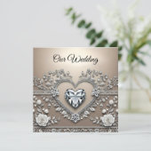 Silver & Cream Elegance: Diamond Heart Wedding Inv (Staand voorkant)