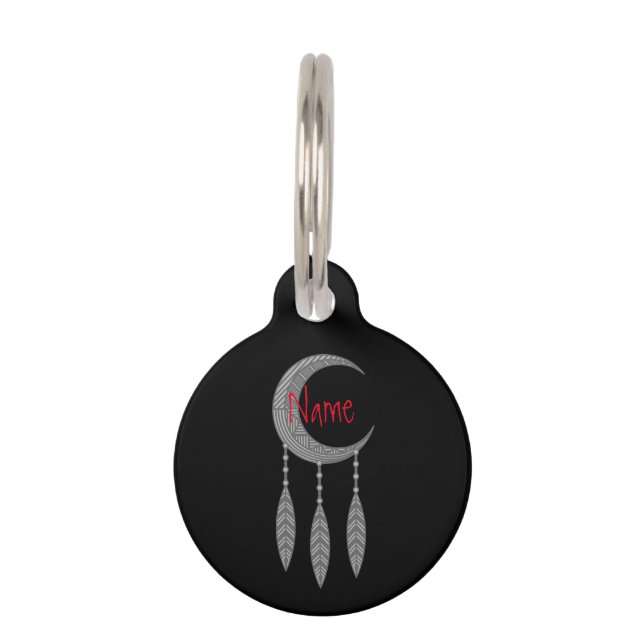 Silver Crescent Moon Feathers Thunder_Cove Huisdierpenning (Voorkant)