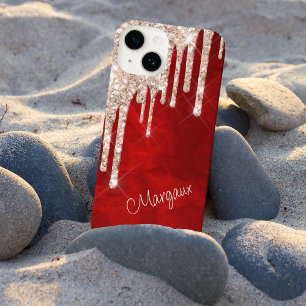 Silver Crimson Glitter Drift op Red Monogram iPhone 14 Hoesje